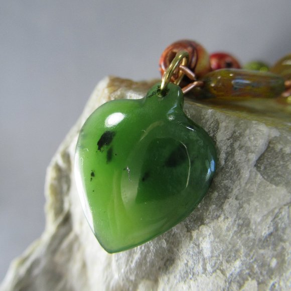 Beaded Copper Charm Bracelet Nephrite Jade Heart - Picture 3 of 8
